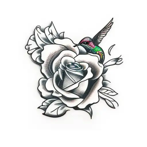 Roses And Violets With Hummingbird