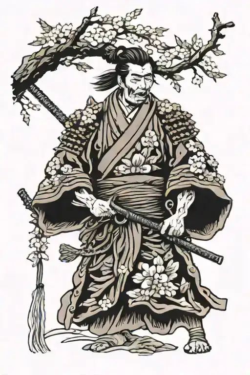 Samurai Under Sakura Tree In The Moonshine