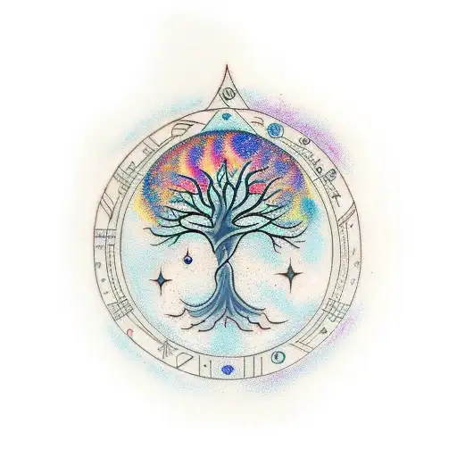 A Minimalist Tattoo Of A Kabbalistic Tree Of Life Merging With A Cosmic Nebula