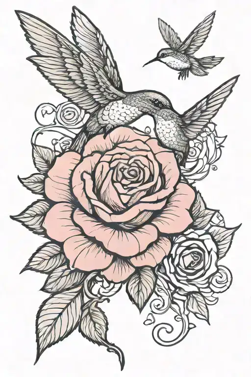 Detailed Rose With Hummingbird Surrounded By Breast Cancer Ribbon