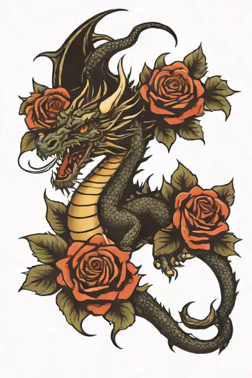 Dragon With Roses On Upper Outer Thigh