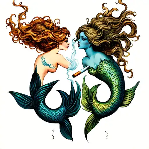2 Mermaids Smoking Blunts In Pisces Symbol