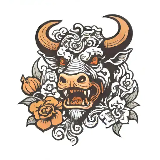 Angry Ox Head With Nose Ring And Smoke And Waves Background With Some Flowers