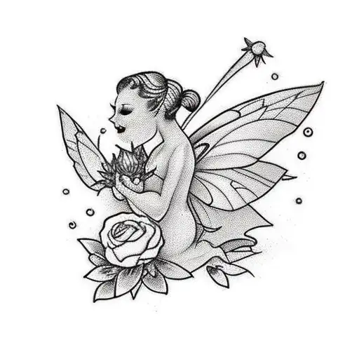 Fairy Looking At A Flower Black And White