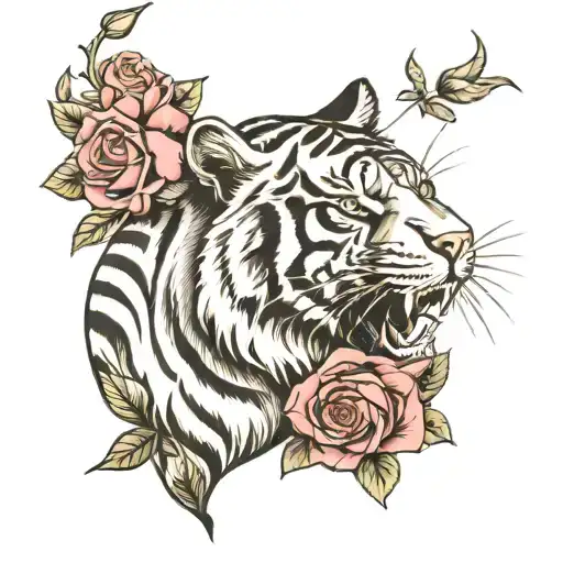 Tiger With Roses Black And White