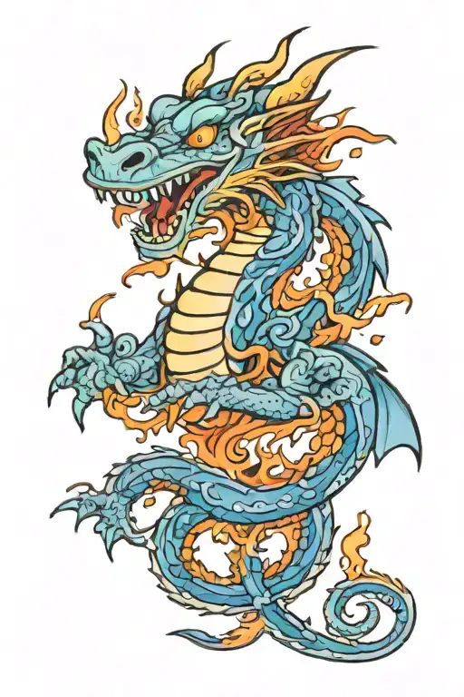 Smiling Dragon Surrounded By Flames And Blue Butterflies