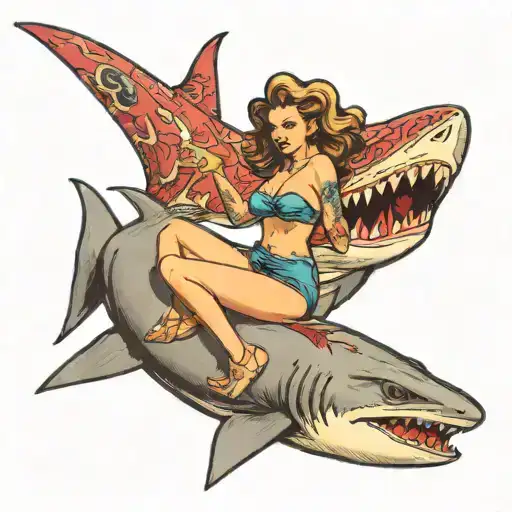 Sexy Lady Riding A Shark Emerging