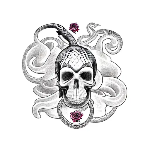 A Snake Coiled Around A Skull With Roses In The Background