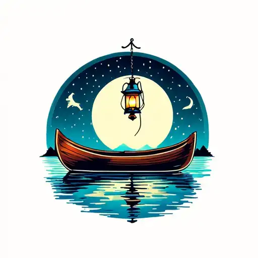 Rowboat With A Hanging Lantern On The Water Under The Moon And Stars