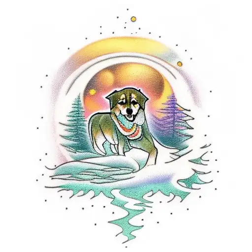 A Mystical Forest With A Silhouette Of A Golden Retriever And Husky Walking Side By Side