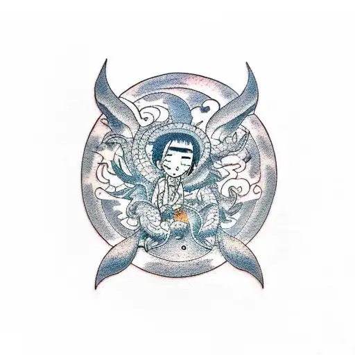 A Dotwork Tattoo Of Chihiro And Haku From Spirited Away Flying On The Back Of A Giant Dragon