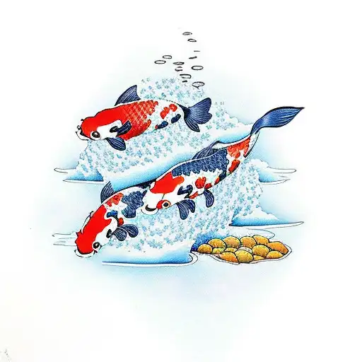 Koi Fish Swiming Against A Waterfall Which Has A Temple On Top