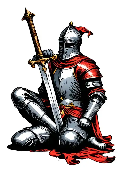 Sitting Tired Knight Holding A Sword
