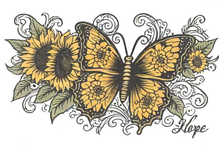 Butterfly With Hope Written And Sunflower Blooming