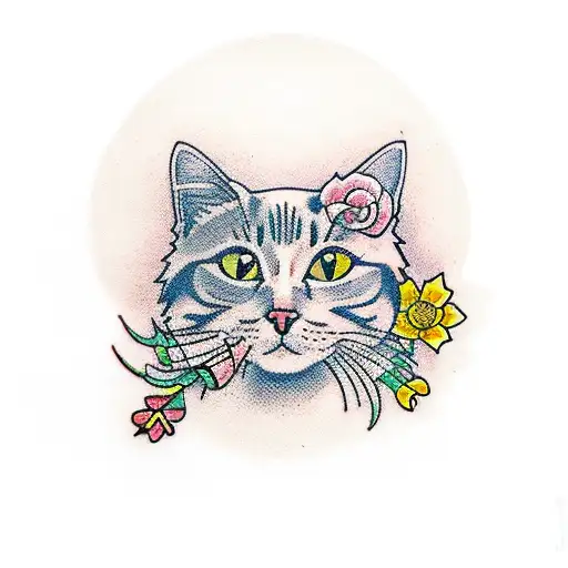 Cat With Flowers And Banner