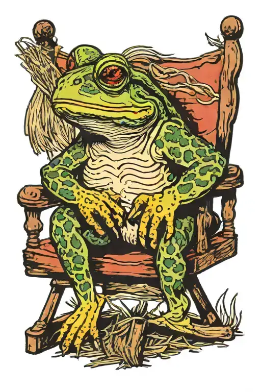 Country Bullfrog Sitting In Rocking Chair Chewing On Hay