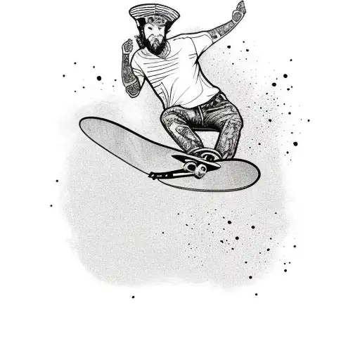 A Blackwork Tattoo Of A Skateboarder Doing A Trick With Vibrant Splashes Of Color Around Them