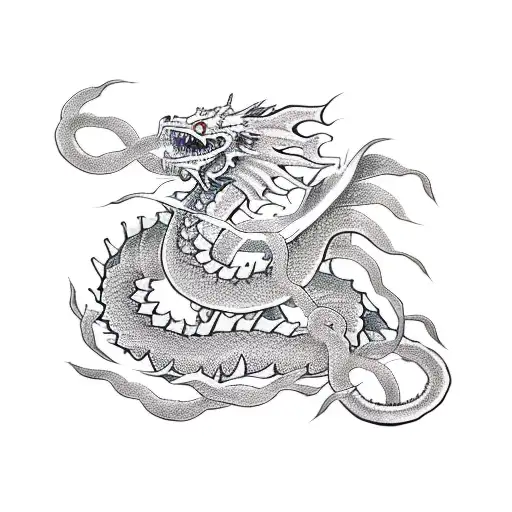 Traditional Japanese Dragon Entwined With A Skeletal Dragoon
