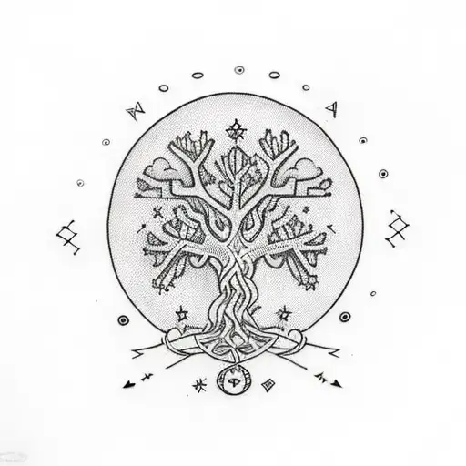 An Intricately Designed Tree With Nordic Symbols And Runes As Its Branches