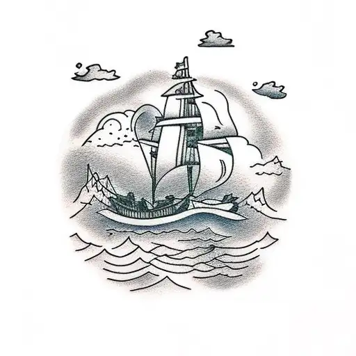 Pirate Ship In The Storm In Front Of Mountains And A Sunset