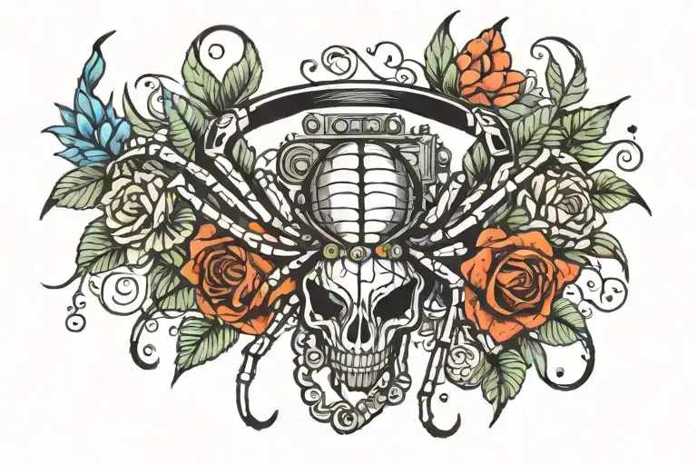 Long Horizontal Spider Wearing Headphones And Surrounded With Vibrant Flowers