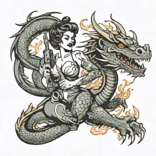 Sexi Army Girl With Weapons On Fire Breathing Dragon