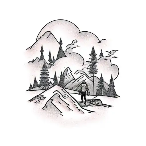 A Man Walking Un The Mountain With His Dog