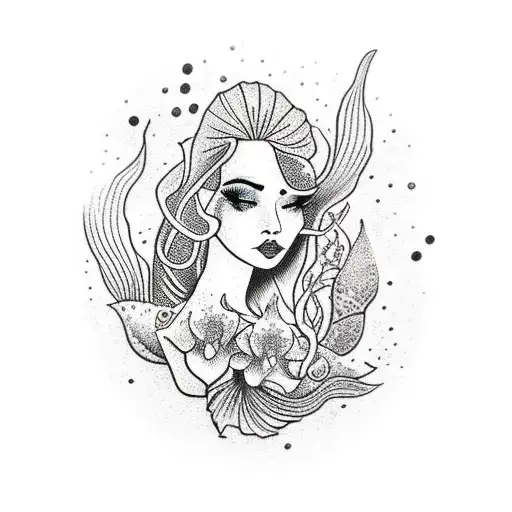 A Dotwork Mermaid Surrounded By Floating Orchids And Underwater Flora