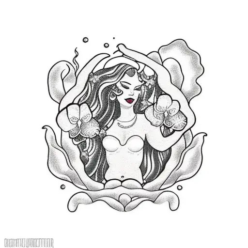 A Dotwork Mermaid Surrounded By Floating Orchids And Underwater Flora