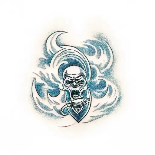 A Traditional Tattoo Depicting A Norse God Surfing On A Giant Wave Made Of Smoke And Skulls