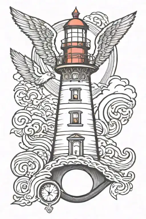 Lighthouse With Eye Angel Wings And Waves