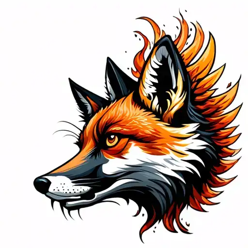 Melanistic Cross Fox Head Mixed With Phoenix Rising From Ashes