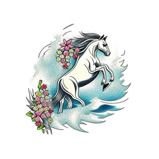 Horse Running In The Sea And Splashing Flowers