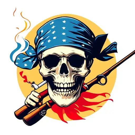 Skull Wearing Bandana Smoking Cigarette Holding Fishing Pole