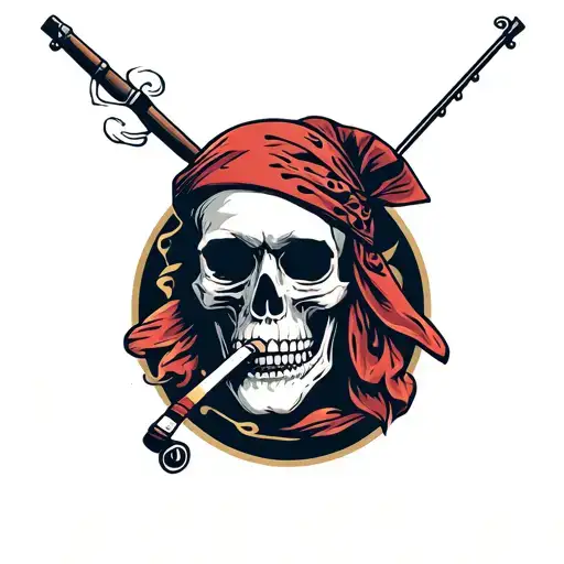 Skull Wearing Bandana Smoking Cigarette Holding Fishing Pole