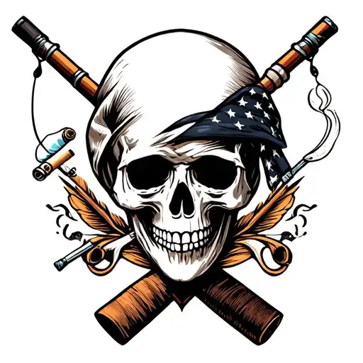 Skull Bandana Smoking Cigarette With Fishing Pole Intertwined