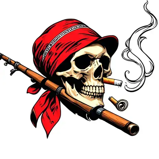 Skull Bandana Smoking Cigarette With Fishing Pole Intertwined