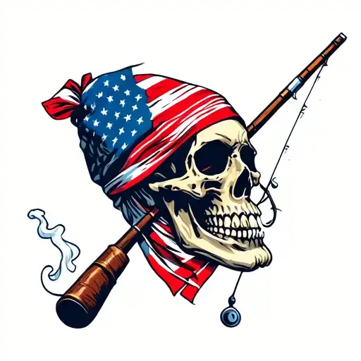 Skull With American Flag Bandana Smoking A Cigarette With A Fishing Pole