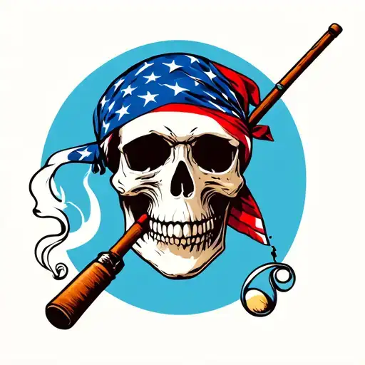 Skull With American Flag Bandana Smoking A Cigarette With A Fishing Pole