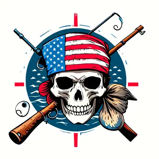 Skull With American Flag Bandana With Fishing Pole