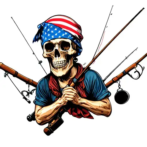 Skull Wearing American Flag Bandana With Fishing Poles