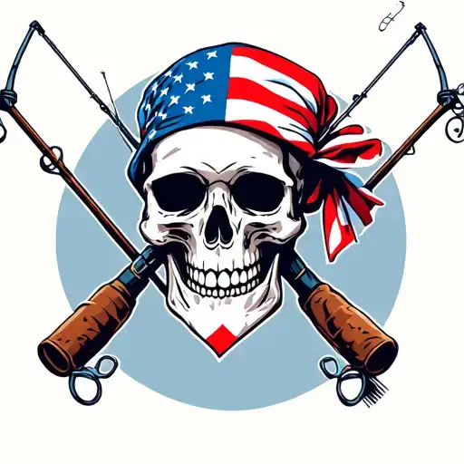 Skull Wearing American Flag Bandana With Fishing Poles