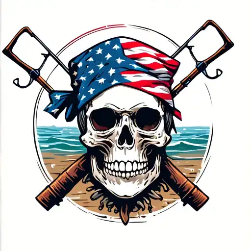 Skull With American Flag Bandana And Fishing Poles