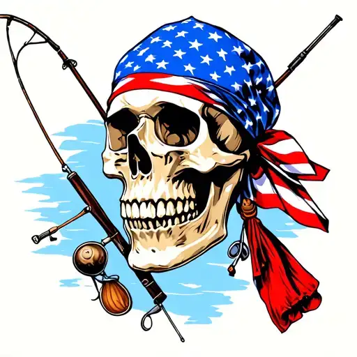 Skull With American Flag Bandana And Fishing Poles