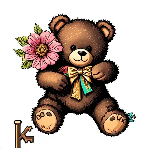 Cute Teddy Bear Holding A Beautiful Key With Flowers And A Cursive Letter K On Its Left Foot