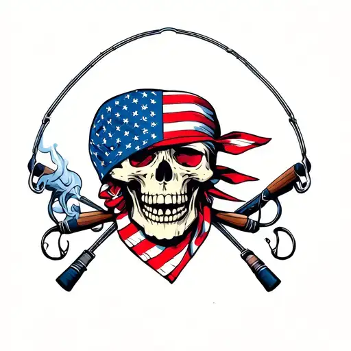 Smoking Skull With American Flag Bandana With Fishing Poles