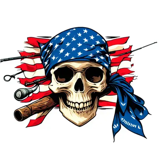 Smoking Skull With American Flag Bandana With Fishing Poles