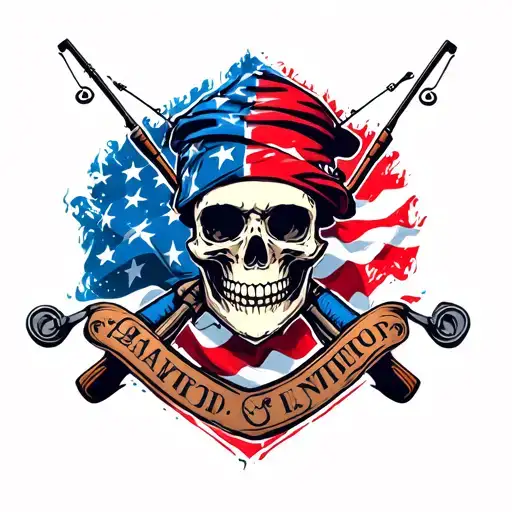 Smoking Skull With American Flag Bandana With Fishing Poles