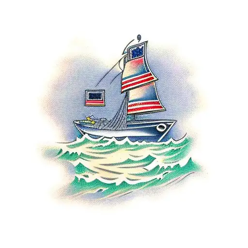 A Traditional Tattoo Of A Ship Sailing Towards A Golf Hole On A Sunny California Beach