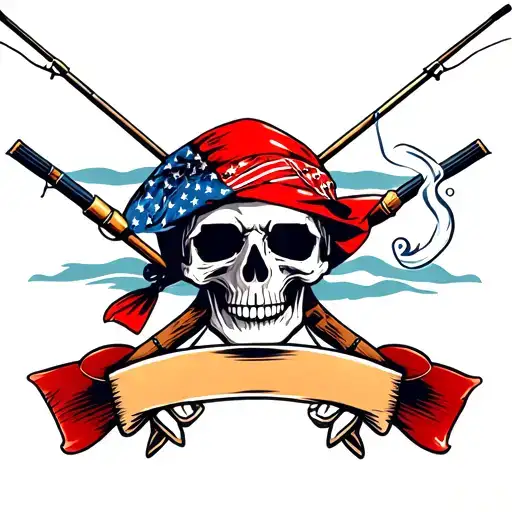 Smoking Skull With American Bandana With Fishing Poles